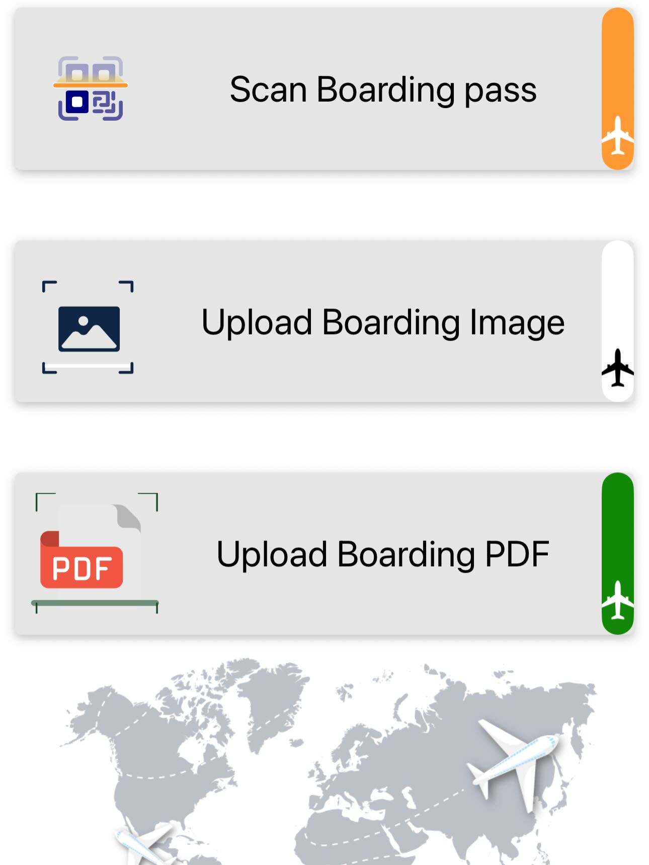 ‎飛行機、地図、‎、「‎鍋 Scan Boarding pass Upload Boarding Image PDF Upload Boarding PDF + أکامم‎」というテキスト‎‎の画像のようです