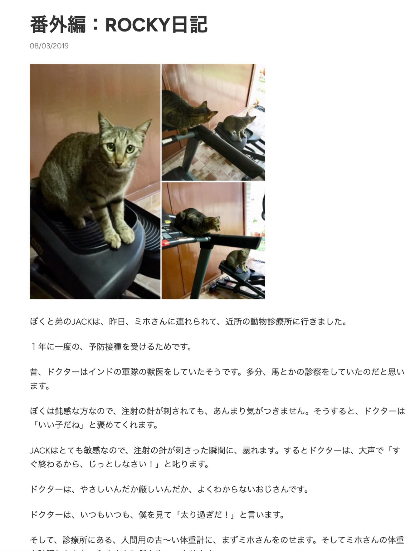 猫、、「番外編：ROCKY日記 番外編： 08/03/2019 ぼくと弟のJACKは、 昨日、 ミホさんに連れられて、 近所の動物診療所に行きました。 1年に一度の、 予防接種を受けるためです。 昔、 ドクターはインドの軍隊の鉄医をしていたそうです。 多分、 馬とかの診察をしていたのだと思い ます。 ぼくは純感な方なので、 注射の針が刺されても、 あんまり気がつきません。 そうすると、 ドクターは 「いい子だね」 と変めてくれます。 JACKはとても敏感なので、 注射の針が刺さった瞬間に、 暴れます。 するとドクターは、 大声で ぐ終わるから、 じっとしなさい！」 と叱ります。 ドクターは、 やさしいんだか厳しいんだか、 よくわからないおじさんです。 「す ドクターは、 いつもいつも、 僕を見て 「太り過ぎだ！」 と言います。 そして、 診療所にある、 人間用の古～い体重計に まずミホさんをのせます。 そしてミホさんの体重」というテキストの画像のようです